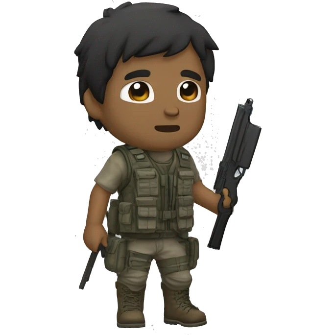 homem chibi survival mostrando as costas olhando para o lado, vestido de caçador inspirado em dayz, fardamento brasileiro, backround pos apocalíptico  emoji