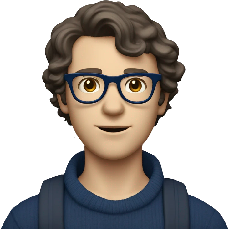 caucasian white boy with dark wavy  hair, blue glasses, and carrying design paper plan because he is an architect carrying a pencil and a set model maquette. wearing a navy blue long sleeve sweater shirt. smart.  emoji