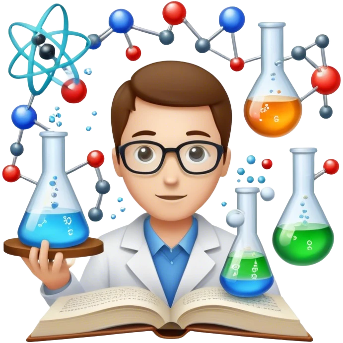 Icon for Scientific and Educational Reading: an open book with mathematical and physical formulas on the pages, with molecules and atoms flying out. On the desk are test tubes, flasks, and a microscope. Transparent background. emoji