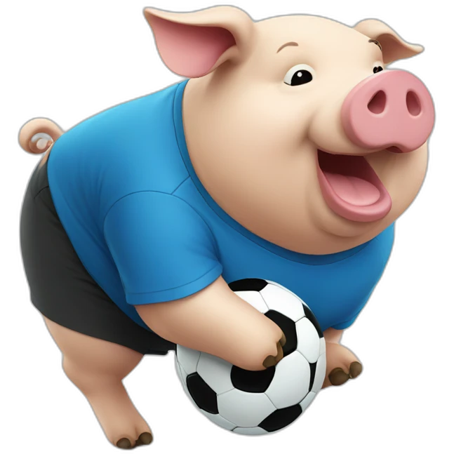 Fat pig with blue shirt kicking a soccer ball emoji