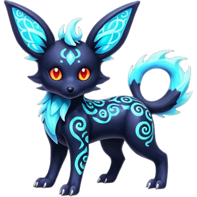 Shiny Fiery Dark Glowing Eldritch Horror Cool Edgy Badass Emo Glorious Demonic Batty Punky Aural Iridescent Fluorescent Bioluminescent Umbreon-Amaura-Salandit-Litten-Flareon-Fakémon-fusion (full body) with intricate pattern markings emoji