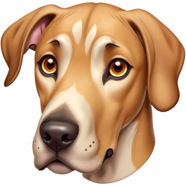Cinematic Cute Fawn Great Dane Portrait Emoji, Head tilted playfully and inquisitively, showcasing a glossy fawn coat with a subtle luster, round, sparkling amber eyes filled with curiosity, Simplified yet irresistibly adorable features, highly detailed, glowing with a warm, friendly glow, high shine, affectionate and gentle, stylized with a touch of whimsy, bright and endearing, soft glowing outline, capturing the essence of a mischievous yet loving pup, so playful it feels like it could lumber out of the screen and into your arms! emoji