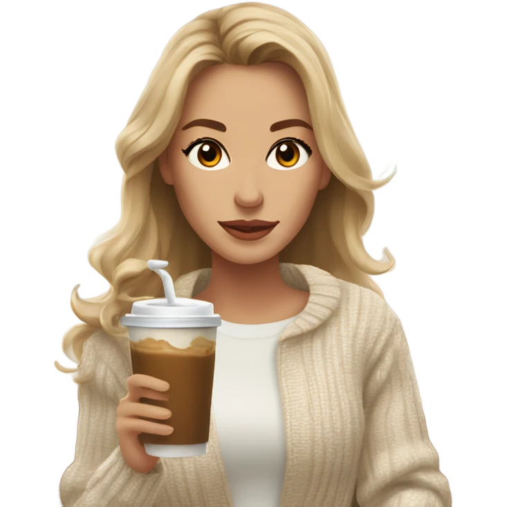 Waist up shot, Beautiful white woman mom, long light brown hair, brown eyes, cozy holding an iced coffee, white sweater emoji