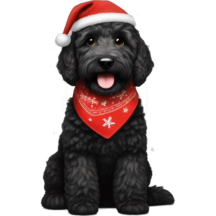 Black golden doodle wearing a Christmas bandana emoji
