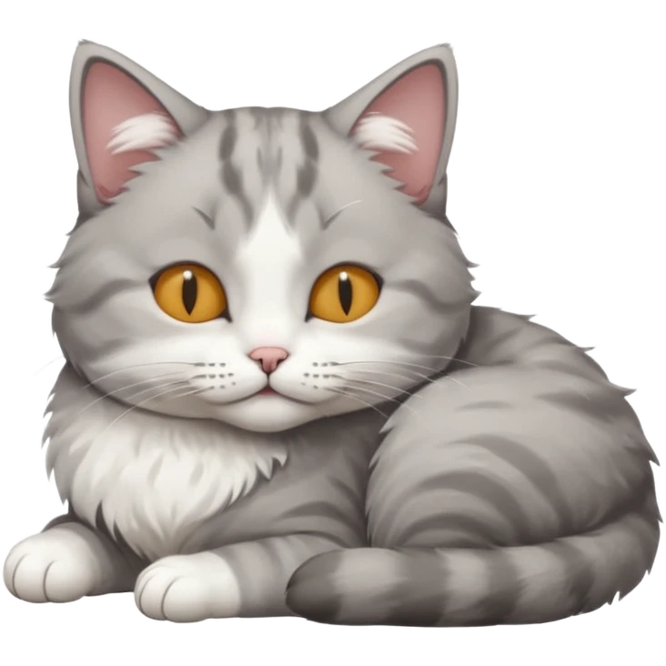 grey and white small cat with its eyes closed lying down with his head leaning on his paw emoji