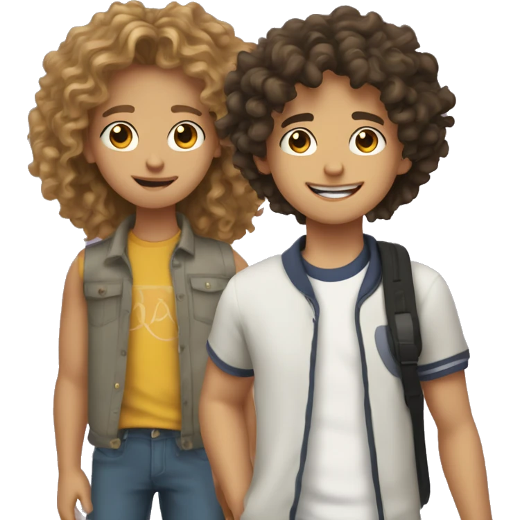 cartoon photo of both a mixed teen with curly hair and white teen boy with wavy hair ,  emoji