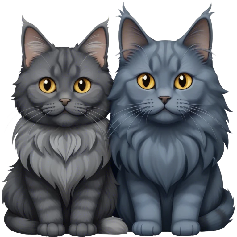 Portrait of a black smoke Maine Coon cat with long grey ear tufts, alongside a British Shorthair cat with a solid blue coat. Both cats with detailed fur textures and playful expressions. Soft, elegant background with warm, natural tones. Transparent background. emoji