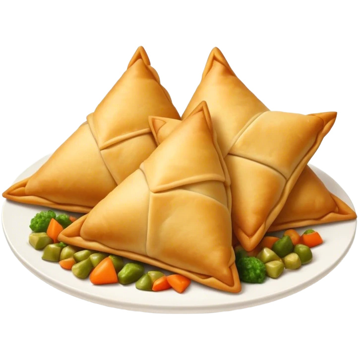 Cinematic Realistic Samosas Dish Emoji, depicted as golden, crispy pastry pockets filled with spiced vegetables rendered with detailed textures and appetizing lighting. emoji