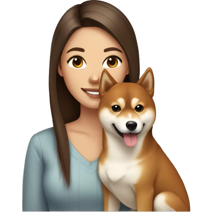 beautiful woman, straight long brown hair by, brown eyes smiling with dog Shiba Inu emoji