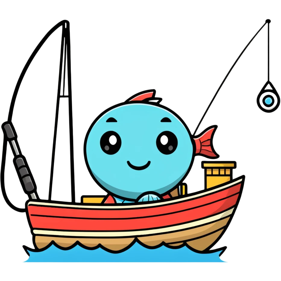 A cartoon fishing boat with a friendly face and tiny fishing rod emoji