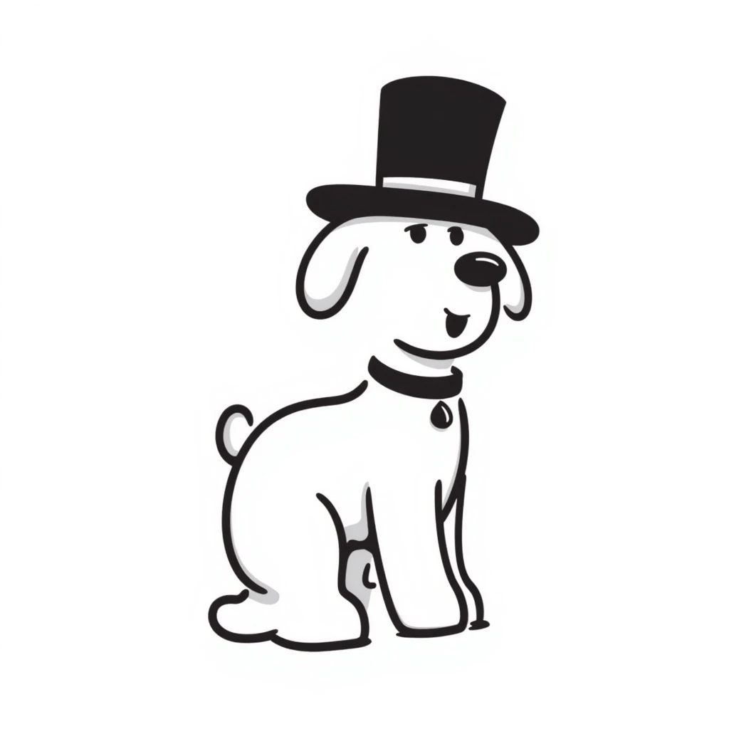 a dog in the style of Stick Dog from Tom Watson's Stick Dog books, simple stick-figure drawing, wearing a top hat emoji