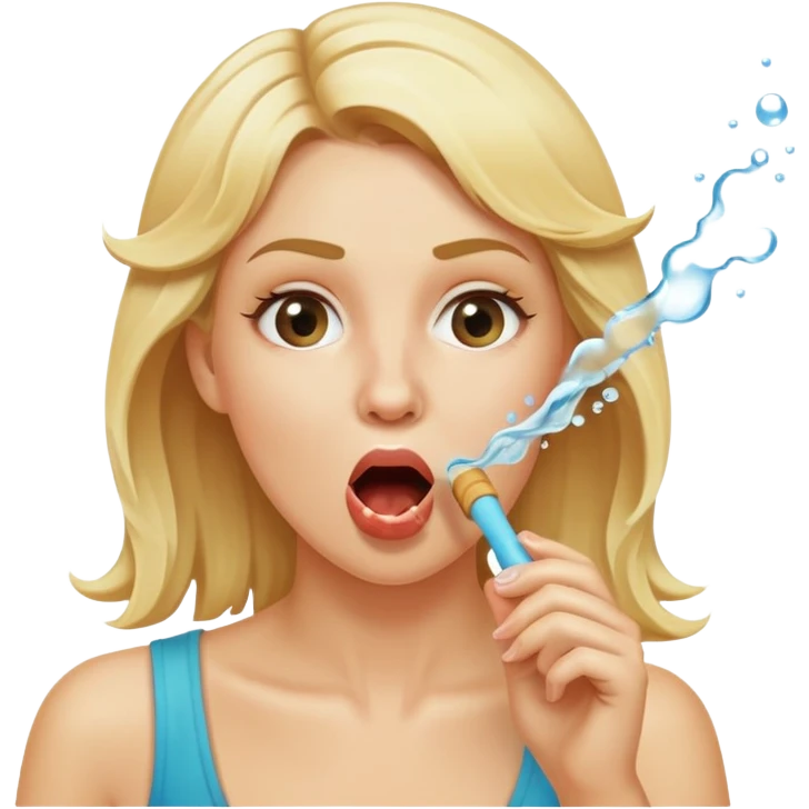 blond woman biting a skin-tone stick, water jet shooting from the stick into her mouth, surprised look emoji