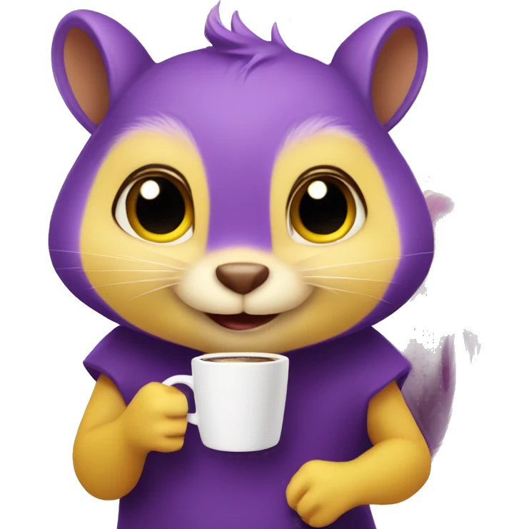 purple squirrel in a yellow dress with a mug of coffee in its paws emoji