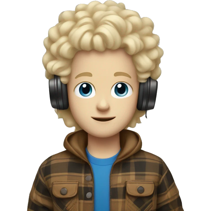 white kid with blonde fluffy hair with headphones and a plaid tan jacket on with blue eyes emoji