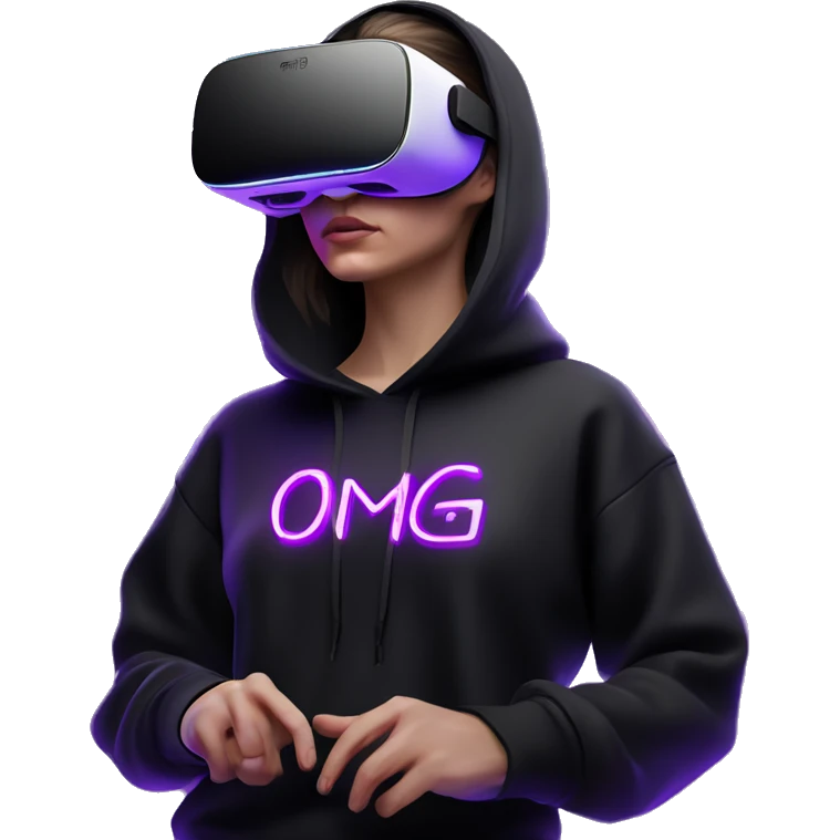 Russian girl wearing black hoody with violet letters "OMG", in vr headset oculus quest2. Standing like jedi. Cyberpunk style. Violet neon. emoji