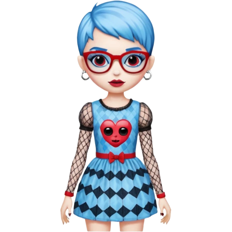 Ghoulia yelps monster high doll in scene/emo style cherry print dress with fishnet sleeves, clothes, thin, small, red, rectangle glasses, pale white-blue skin, pixie-cut emoji