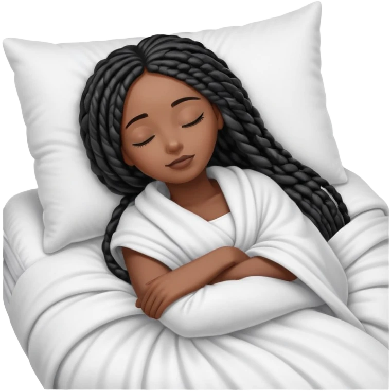 A dark-skinned Black woman with long black box braids, lying on her side in bed, wrapped in a blanket, resting on a pillow, eyes closed. emoji