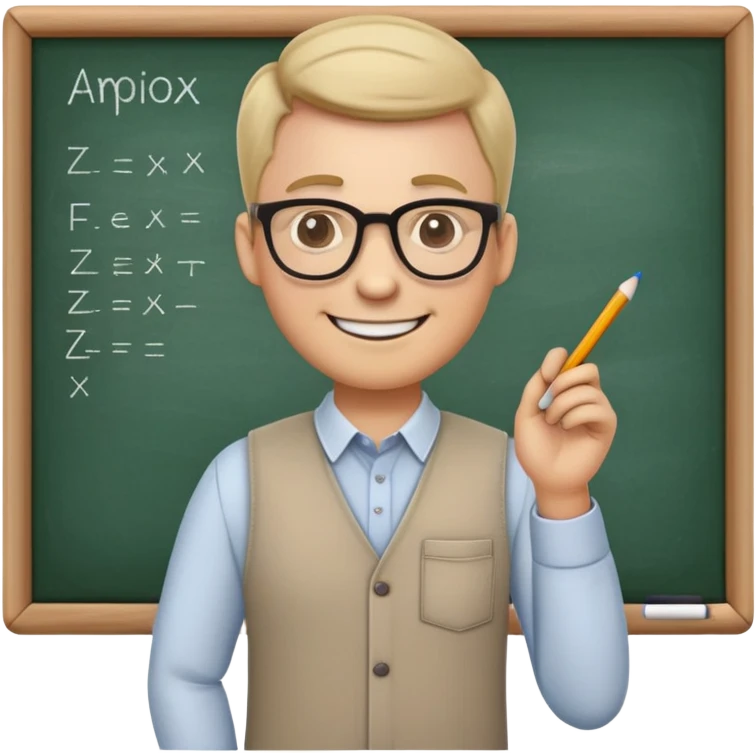 "Create a cute and detailed emoji of a male teacher writing on a chalkboard. The teacher is smiling, wearing glasses, and dressed in a casual shirt and pants. He is holding a piece of chalk and writing something on the blackboard. The style should be colorful, friendly, and cartoon-like, with simple and clear lines."
 emoji