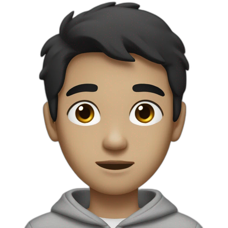 Boy with straight black hair, medium black eyes with a gray sweatshirt, with a thin face and semi-dark white skin emoji
