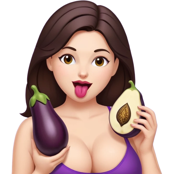 A brunette with massive breasts without underwear licks an aubergine and winks. emoji