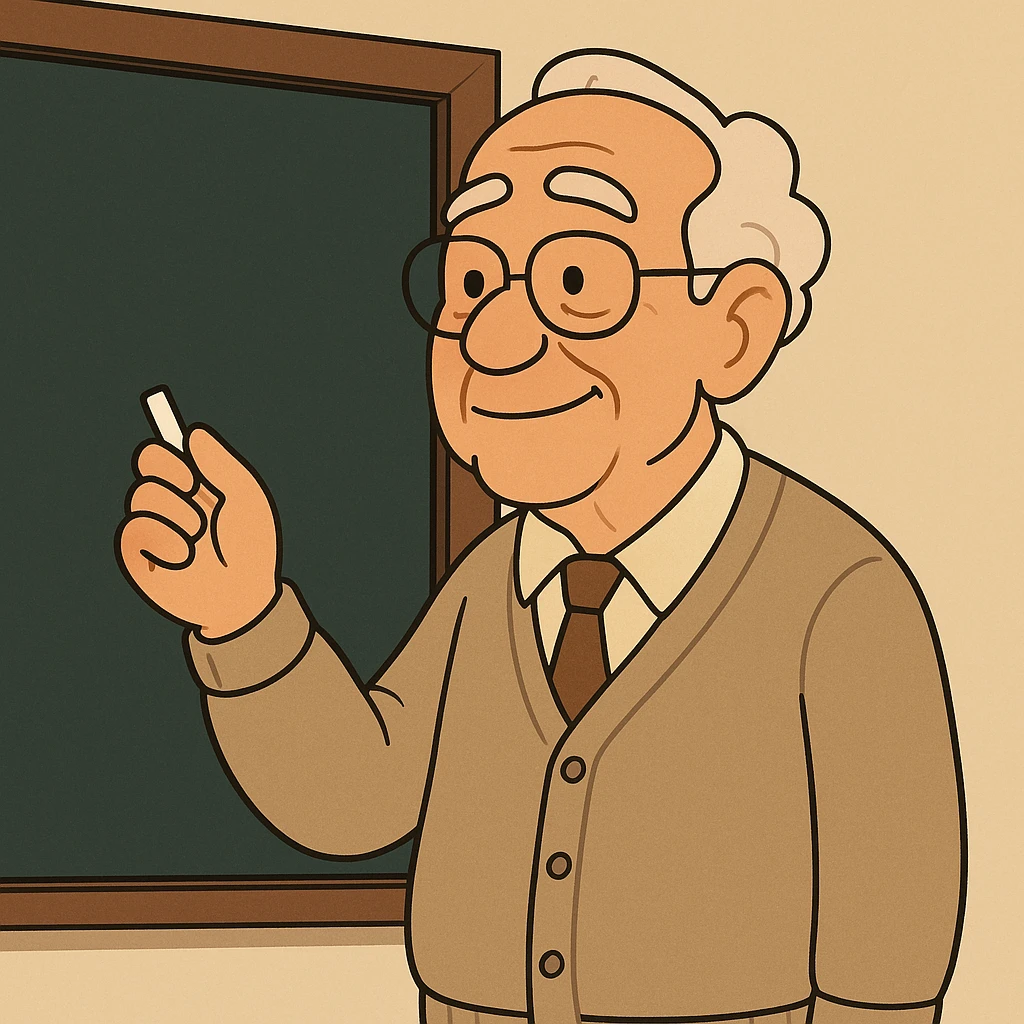 a senior teacher, 80 years old, with a kind face, chalk in hand, standing by a blackboard, cartoon style emoji