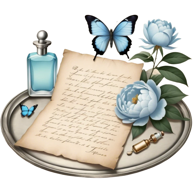 A nostalgic evening scene where an open love letter, with elegantly fading ink, lies next to a silver tray holding a vintage perfume bottle. A single pale blue butterfly lands gently on the aged parchment, as the soft scent of jasmine and peonies fills the air. emoji