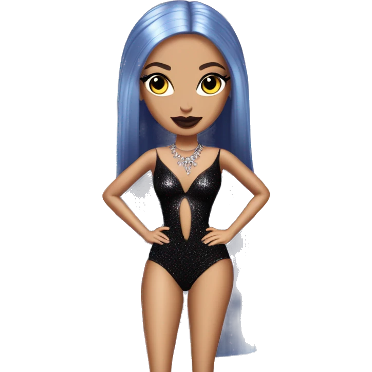 Light skin Glitter beach Barbie morticia Addams modeling. Full height  emoji