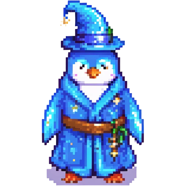 pixel art penguin wizard with blue robe and magic sparkles emoji