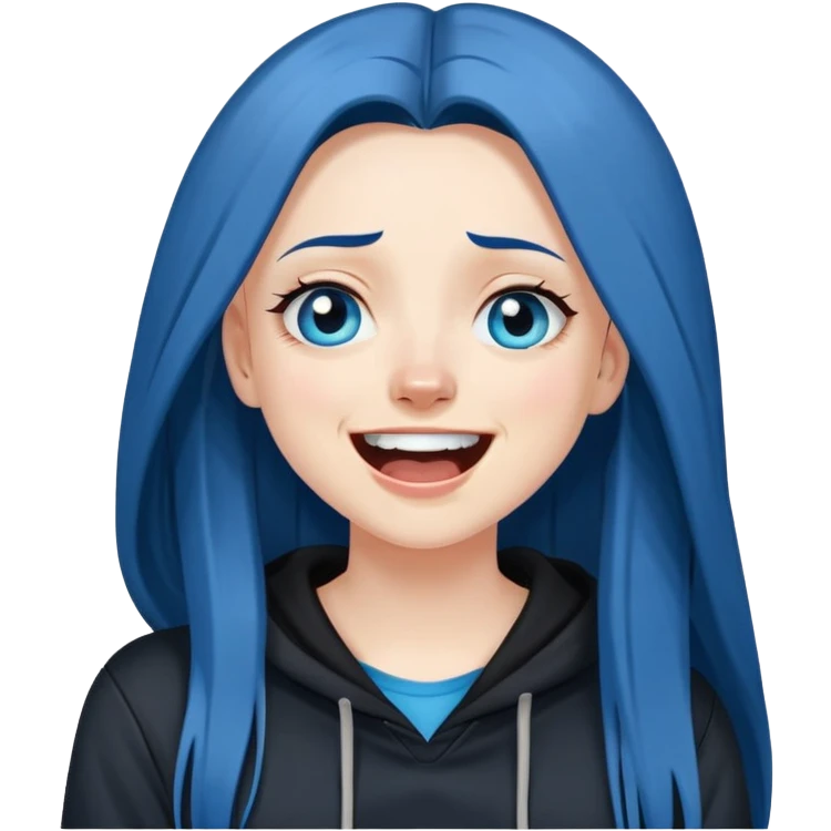white girl with long straight dark blue hair wearing black hoodie blue eyes laughing hysterically and crying tears emoji