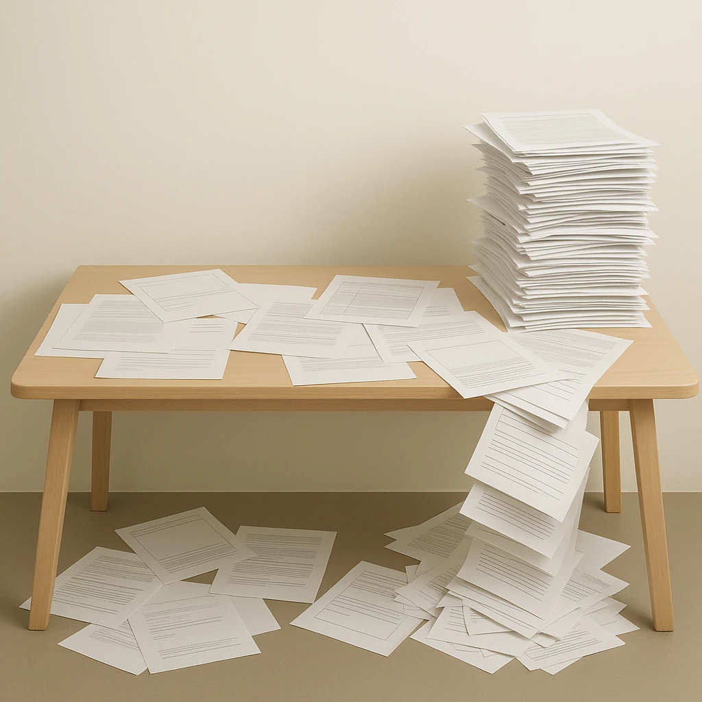 minimalist desk cluttered with papers spilling over, symbolizing overwhelming admin workload, all elements contained within the frame, no edges cut off emoji