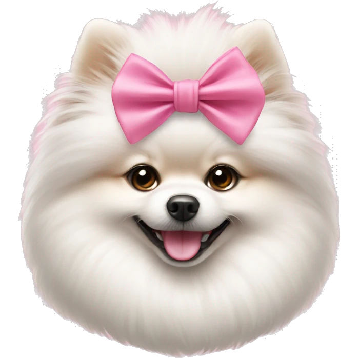 white pomeranian using pink bow smiling  emoji