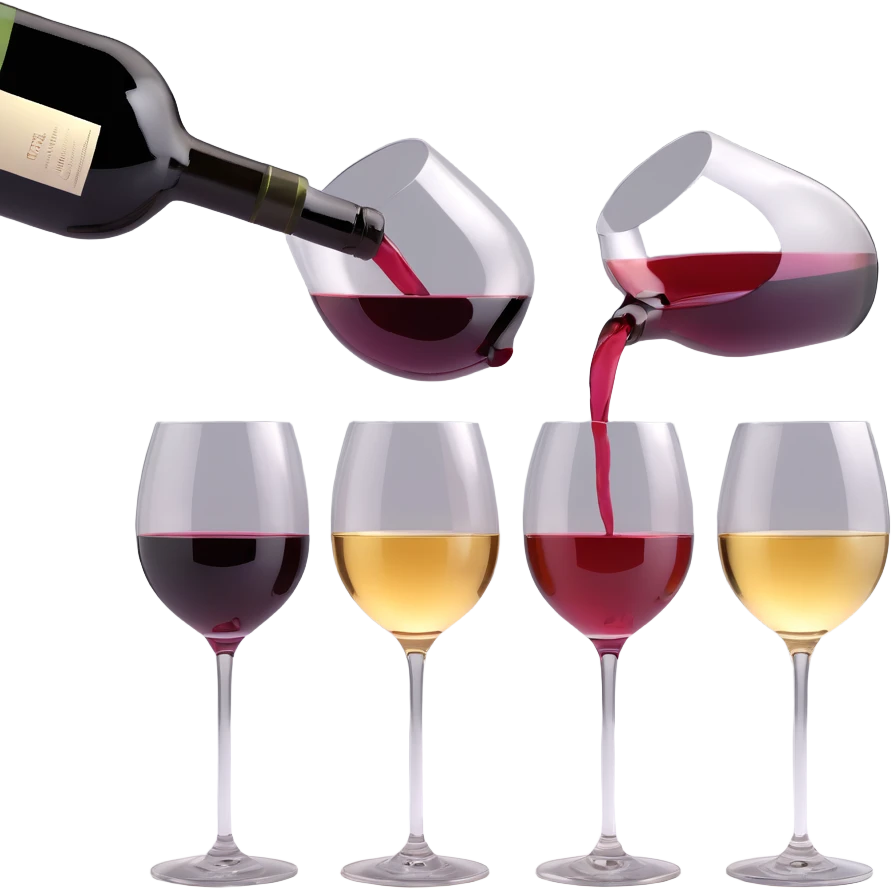 3D illustration style wine tasting scene, pouring wine into multiple wine glasses, wine bottles and glasses depicted with dimensionality, diverse wine colors visible, no background emoji