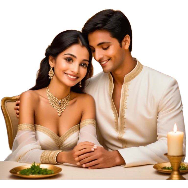 An intimate moment a couple at candlelit dinner. The woman, dressed in a sophisticated white gown with delicate jewelry, smiles as her partner, wearing a traditional black and gold bisht with a white ghutra, leans in to whisper or kiss her cheek. Their hands are gently intertwined on the table,M emoji