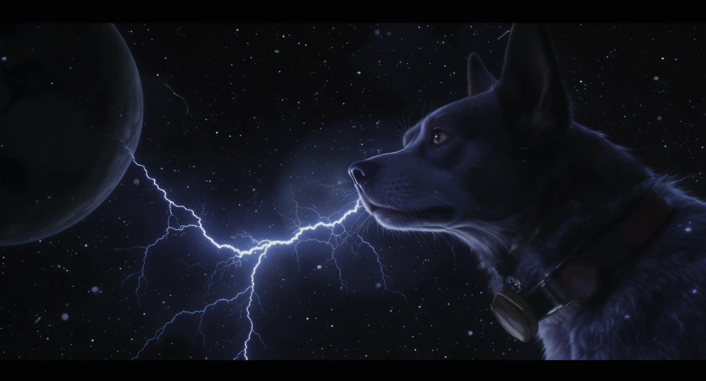 Cinematic still of a dog is in space, very detailed, cinematic lightning emoji
