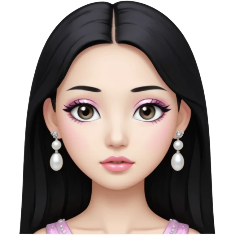asian long black hair silver grey eyes glossy lips glittery white and light pink eyeshadow girl pearl earrings emoji