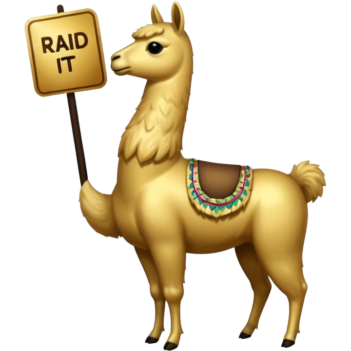 A small golden llama silhouette with a white sign that says RAID over it emoji