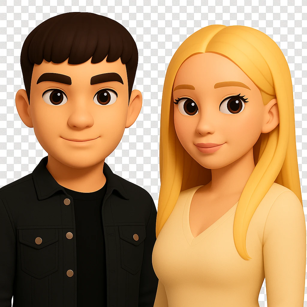 Slightly increase the volume of the upper body of the girl, separate the girl and the boy from each other, make the skin color the same for both characters. Maintain the cartoonish 3D style and keep the background transparent. The original style is cartoonish 3D style. emoji