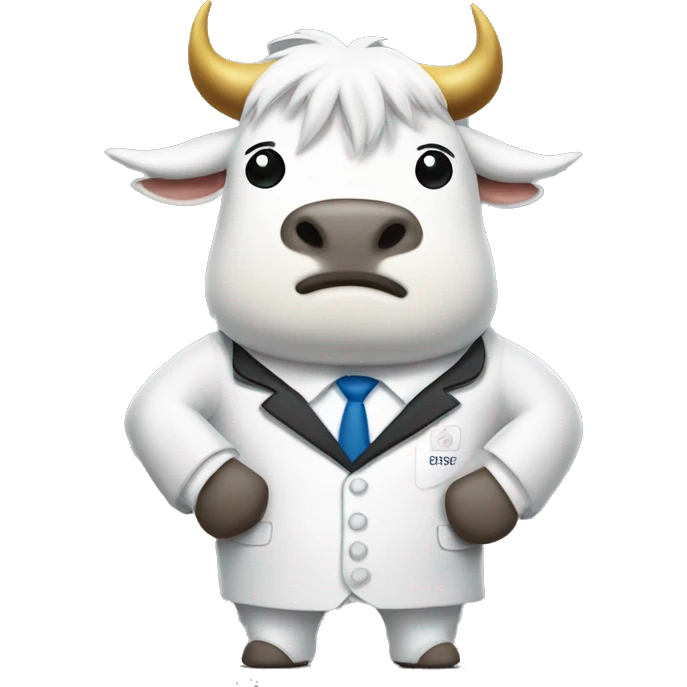 When the coin with the word Booms is turned, a white bull with a white mane and a white suit with the word Booms is standing with arms crossed. emoji