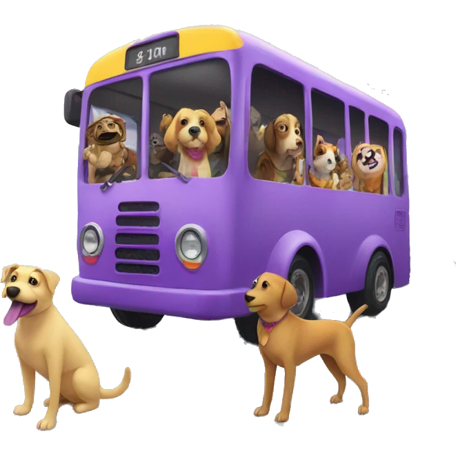 Dog on a purple bus with a rainbow and animal passengers emoji