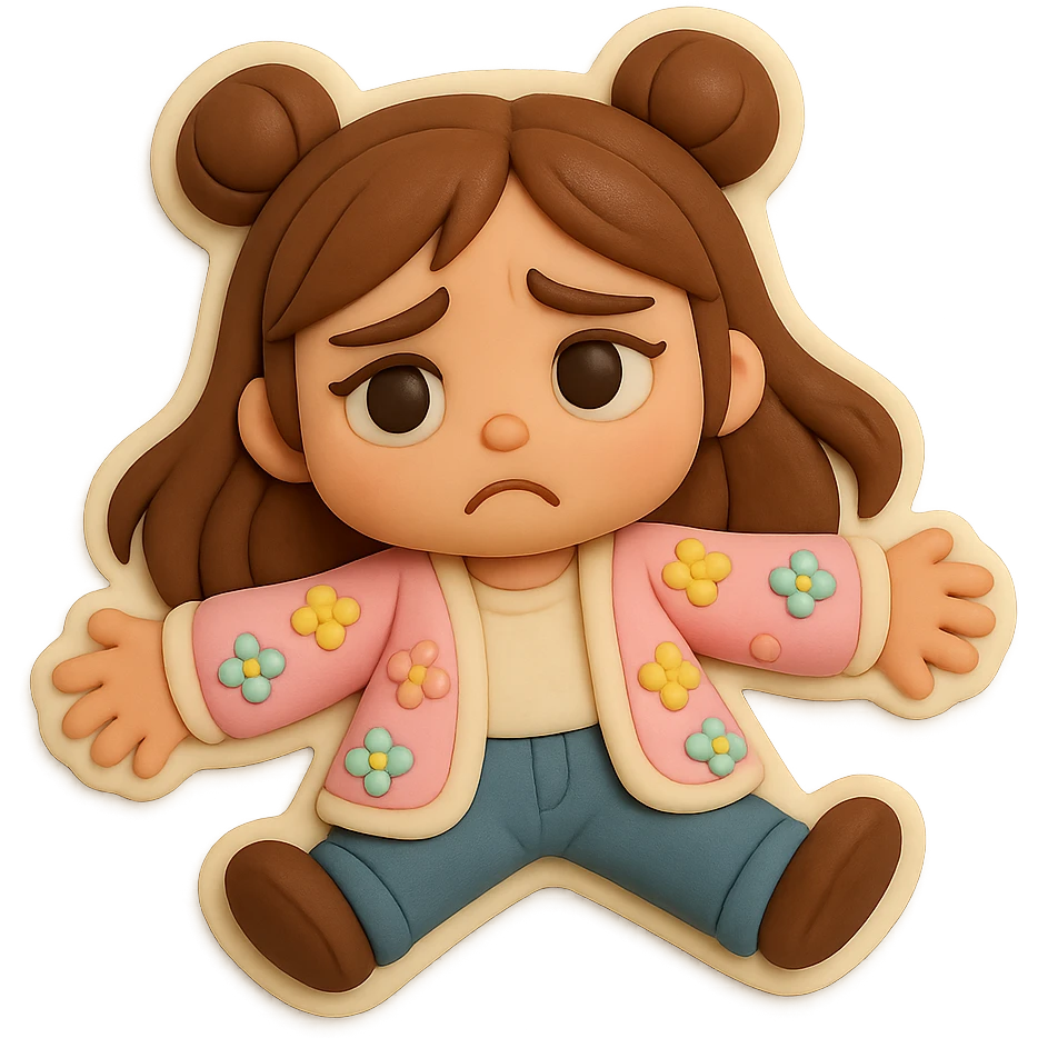 3D chibi fondant cake art style, high-quality rendering with smooth shadows and soft gradients. Girl based on reference image with preserved facial features and eye shape, long brown hair in two space buns, brown eyes, jeans, pastel floral cardigan, thick white outline like a sticker, transparent background. Lying flat on the floor, arms spread, looking sad. Ensure the face, hairstyle, and eye shape match the reference exactly. emoji