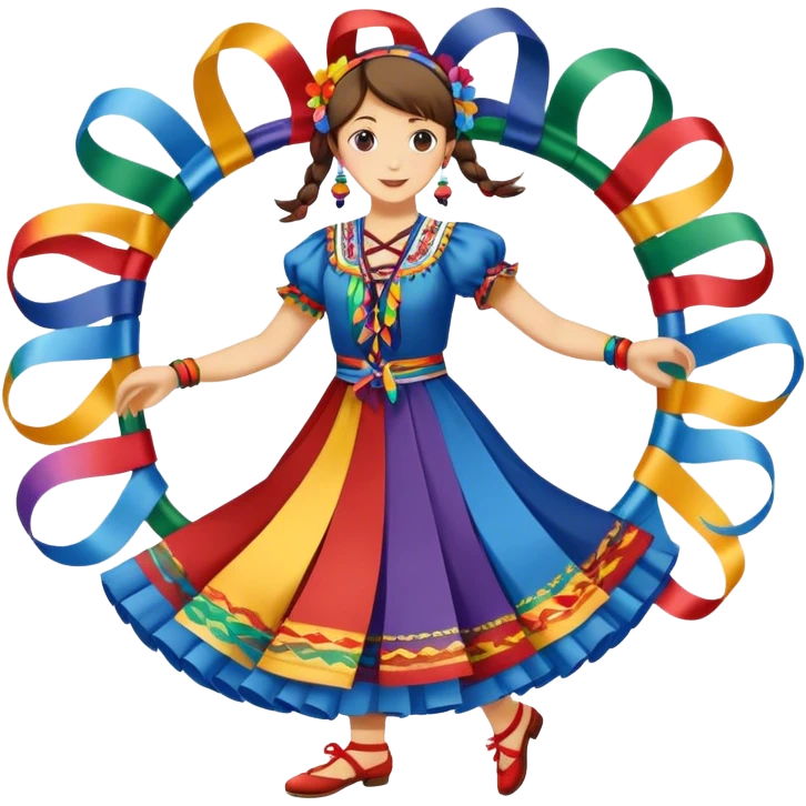 Icon for Folk Dance: close-up traditional dance dress, shoes, colorful folk costumes and a dance circle with ribbons. The icon should represent the vibrant and cultural aspects of folk dancing. Transparent background. emoji