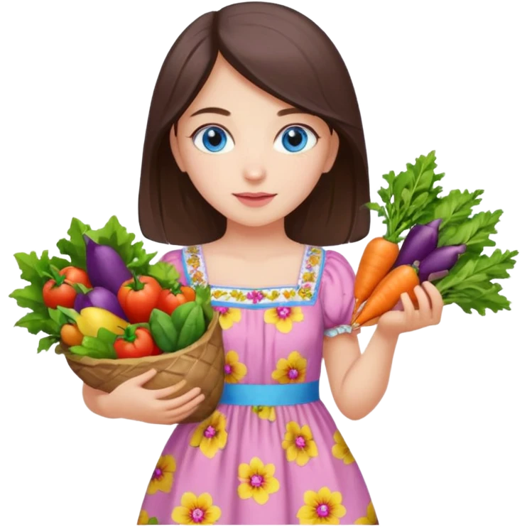 Turkish beautiful finish Konya girl blue eyes with floral pink and yellow lila dress and she had on her hand vegetables  emoji