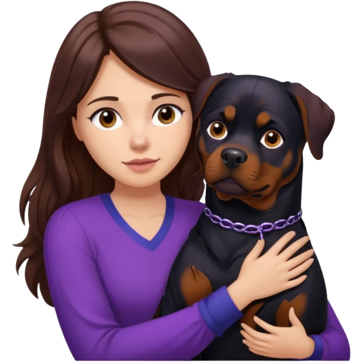 Mulher de cabelo castanho comprido usando blusa roxa abraçando um rottweiler  emoji