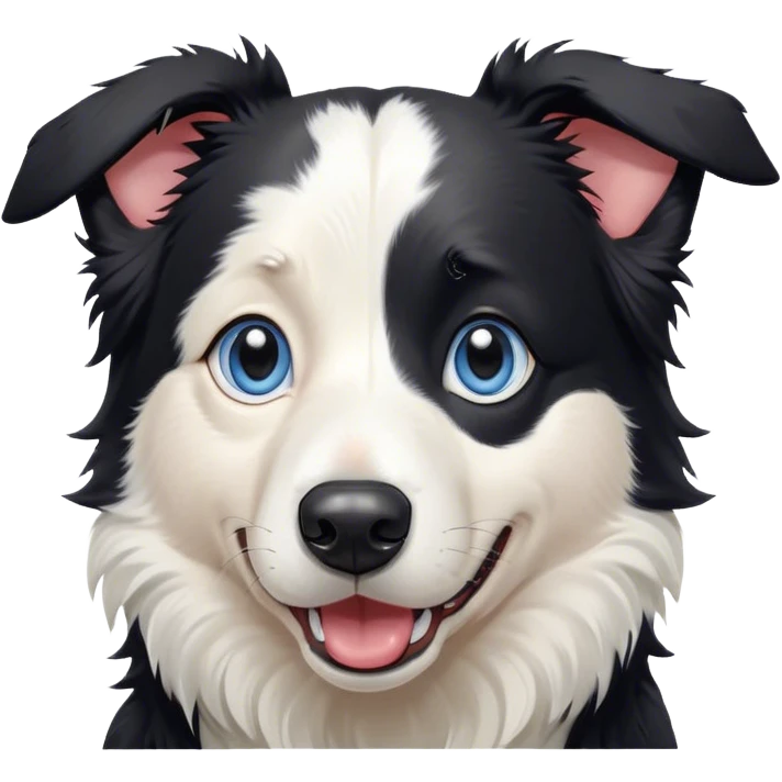 Cinematic Comical Border Collie Portrait Emoji, Head tilted dramatically with an exaggeratedly shocked or offended expression, featuring a striking black and white coat and wide, expressive blue eyes filled with exaggerated disbelief, Simplified yet hilariously expressive features, highly detailed, glowing with a slightly sassy glow, high shine, dramatic yet playful, stylized with an air of attitude, bright and endearing, soft glowing outline, capturing the essence of a sassy and over-the-top herder, so meme-worthy it feels like it could side-eye its way into internet fame instantly! emoji