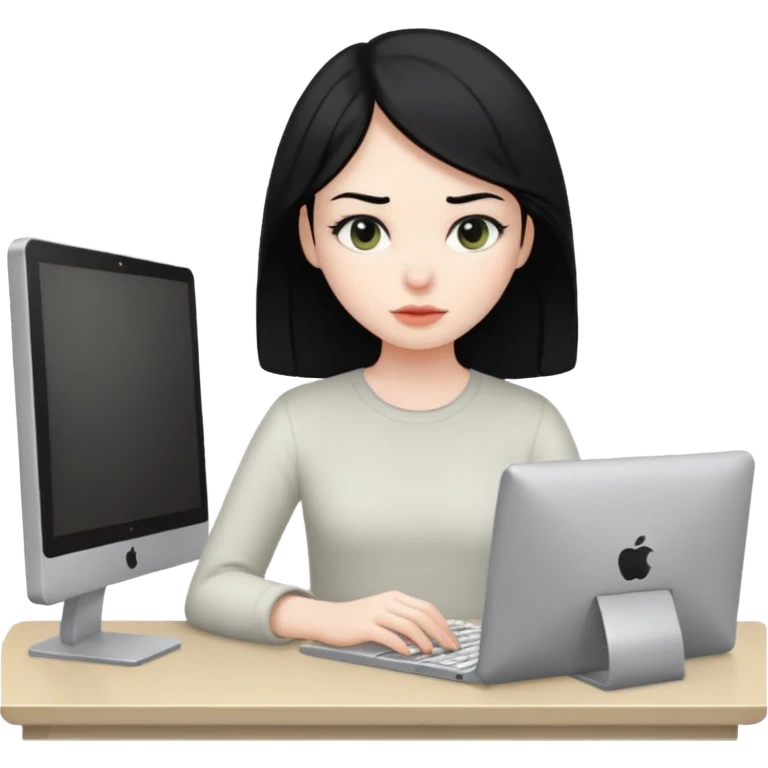 Uma menina de cabelo preto trabalhando no computador emoji