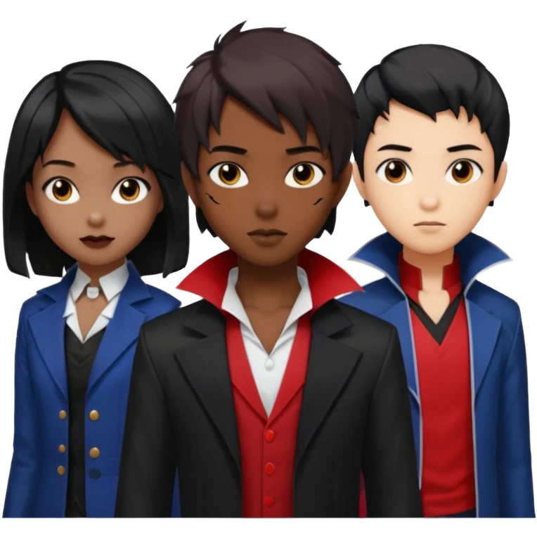 Solo poly platonic relationship, one is south African girl, one is Asian boy, one is biracial features Asian tomboy girl with anime short hair with long hair, vampire and marvel cosplay elements inspired. emoji