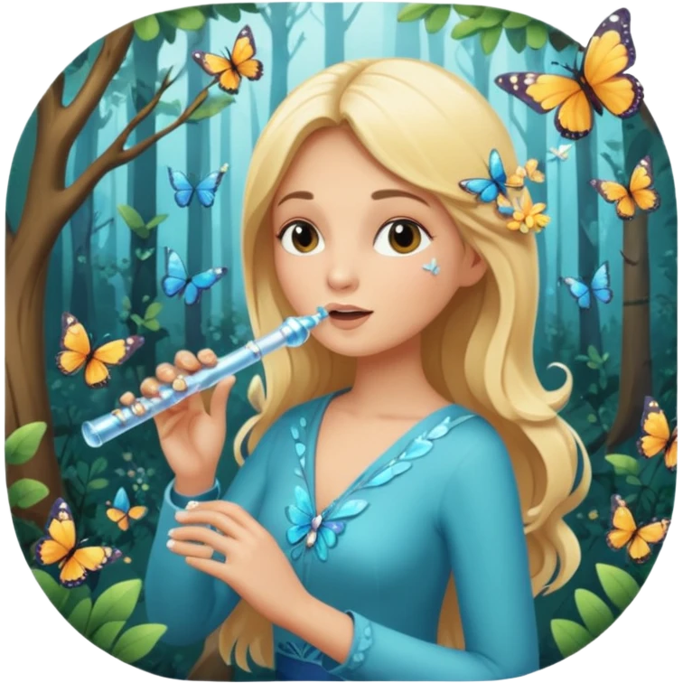 woodland sticker character, blonde woman playing crystal flute, butterflies around emoji