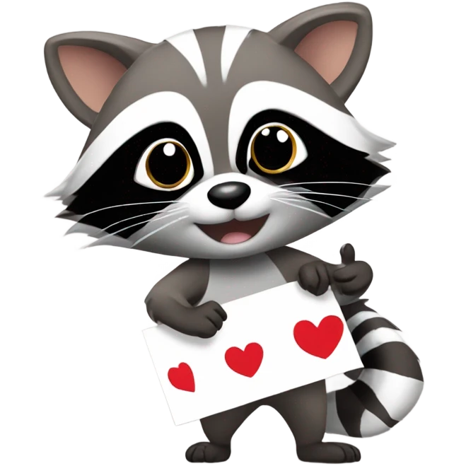 A raccoon with a sign on its paws that says "I love you".  emoji