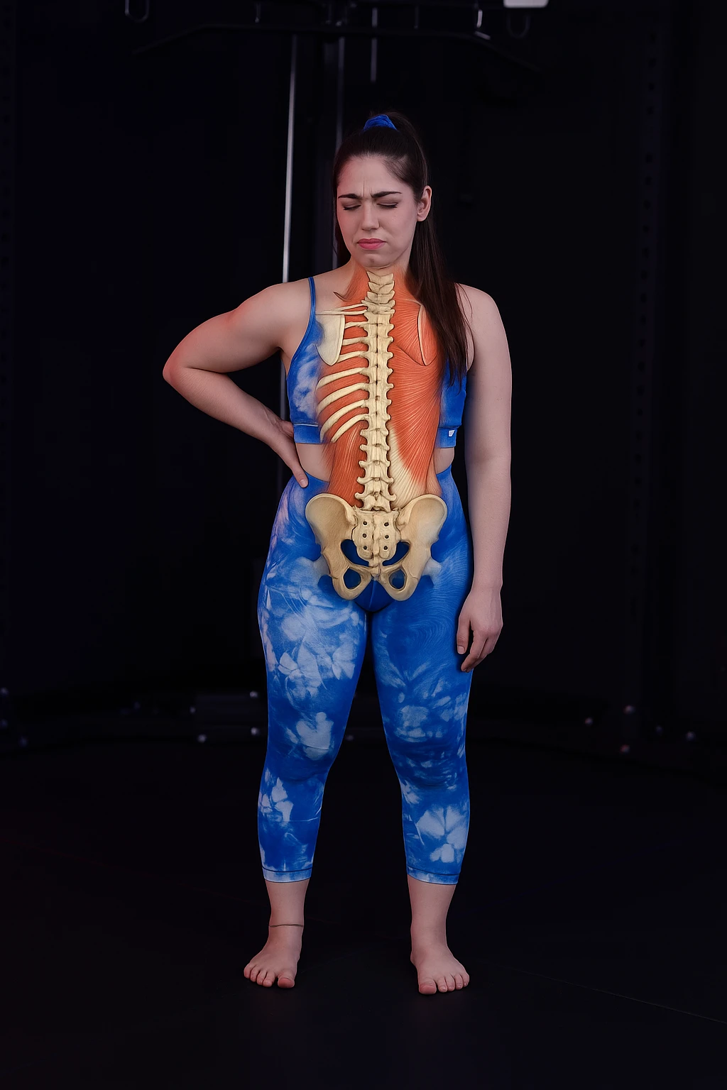 A woman with back pain, add an anatomically highlighted back on the body, variant 1, in a style suitable for editing and anatomical clarity. emoji