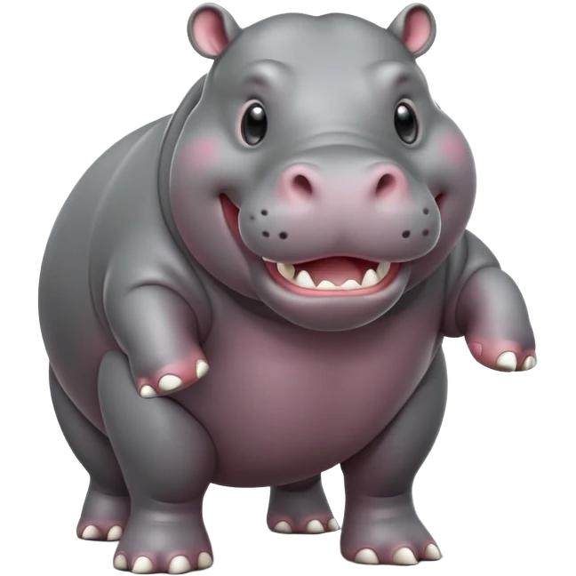 cinematic-hippo-realistic-full-body-side-view-standing-on-all-fours-emoji,-massive-round-frame,-wide-mouthed-grin-exposing-huge-teeth,-head-tilted-dramatically,-thick-grey-hide-glossy emoji